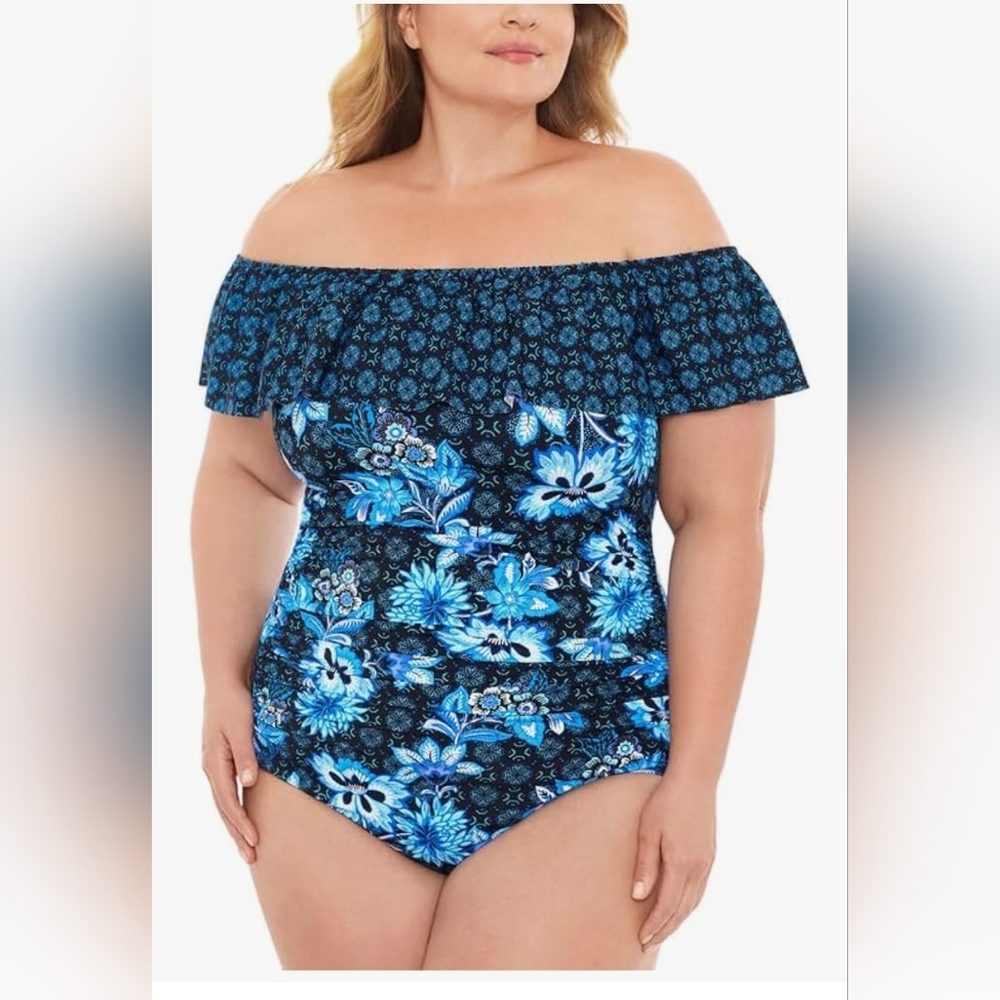Swim Solutions Women Ruffled Off-The-Shoulder Tummy-Control One-Piece 18W NEW‎